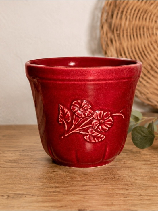 Other - Vintage Red Ceramic Planter 219-5 Embossed Floral Pottery Flower Pot